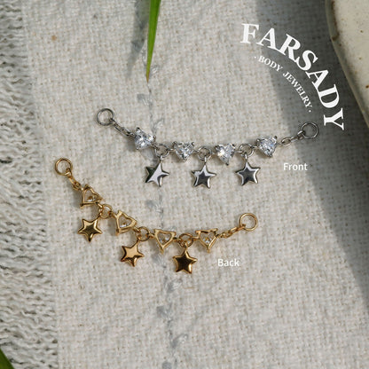 No Rules Star&Heart Chain Charm: Sterling Silver Helix Industril Conch Cartilage Wrap Chain, Dangle Nose Piercing DIY Chain Gold, 25mm 35mm