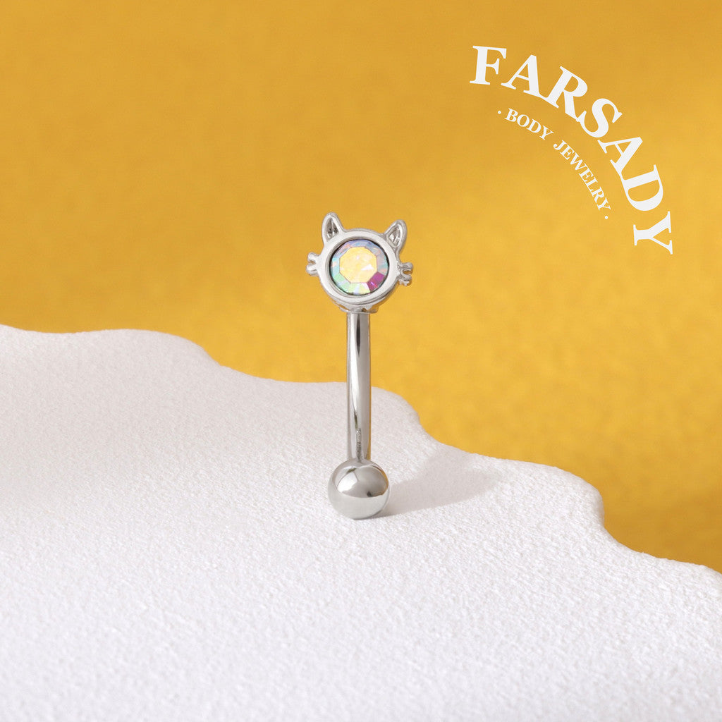 16G AB Cubic Zirconia Cat Curved Barbell, Elegant Silver CZ 8mm Bar Eyebrow Piercings Barbell, Cute Cat CZ Rook Earring, 8mm Cute Cat Rook Barbell