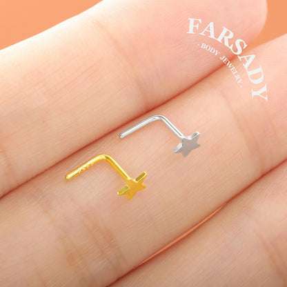 Plain Silver Star - 925 Silver L-Shape Nose Stud / Fit 18G 20G Nose Ring