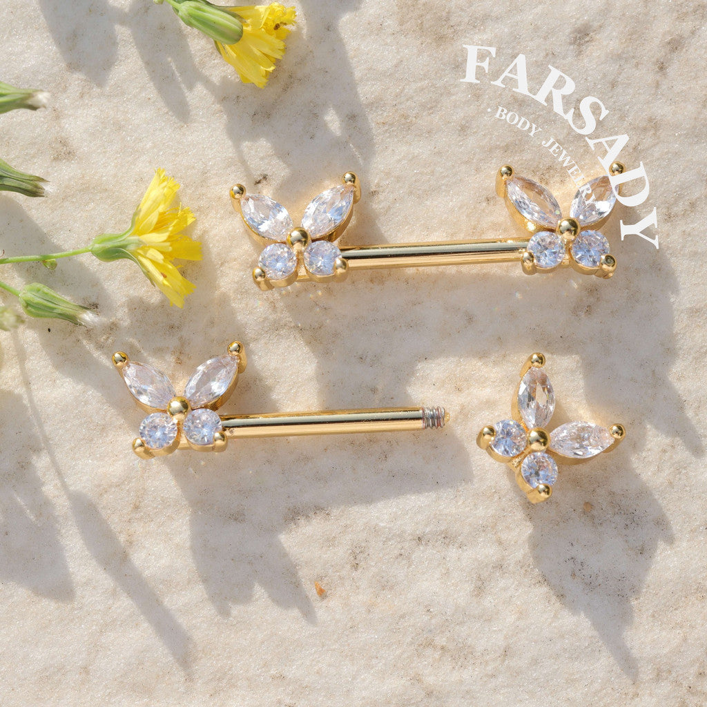 Crystal Butterfly - 2PCS Clear CZ Straight Barbell / Fits 16G Chest Piercing Nose Bridge