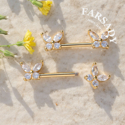 Crystal Butterfly - 2PCS Clear CZ Straight Barbell / Fits 16G Chest Piercing Nose Bridge
