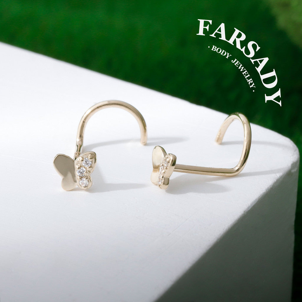 Flora Butterfly - Solid 14K Gold Screw End Stud / Fit 20G Nostril Piercing