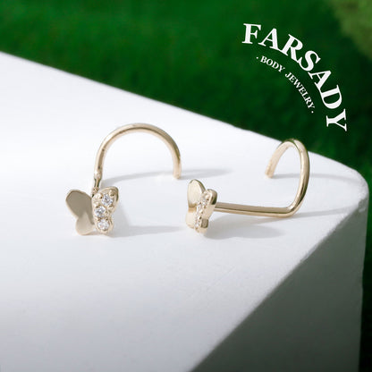 Flora Butterfly - Solid 14K Gold Screw End Stud / Fit 20G Nostril Piercing