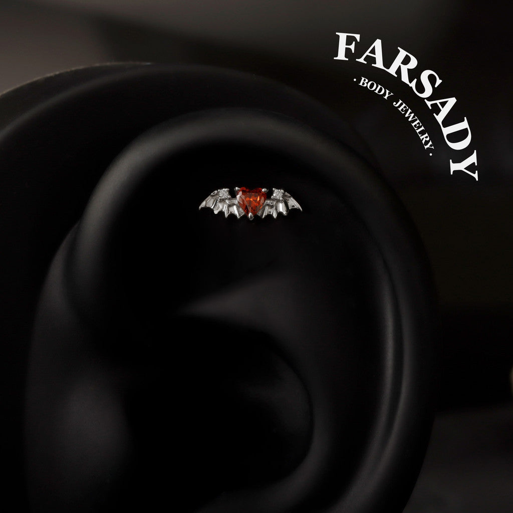 Crimson Heartwing - 925 Silver Threadless Stud / Fits Cartilage Helix Tragus Lobe Earring