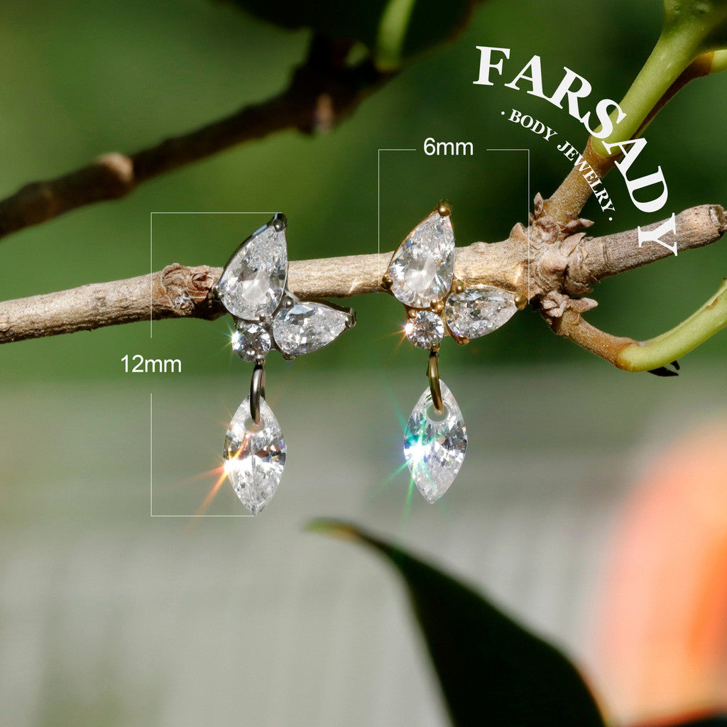 Dangle Crystal Butterfly - F136 Titanium Internally Threaded Stud / Fits Cartilage Helix Tragus Lobe Nostril Piercing
