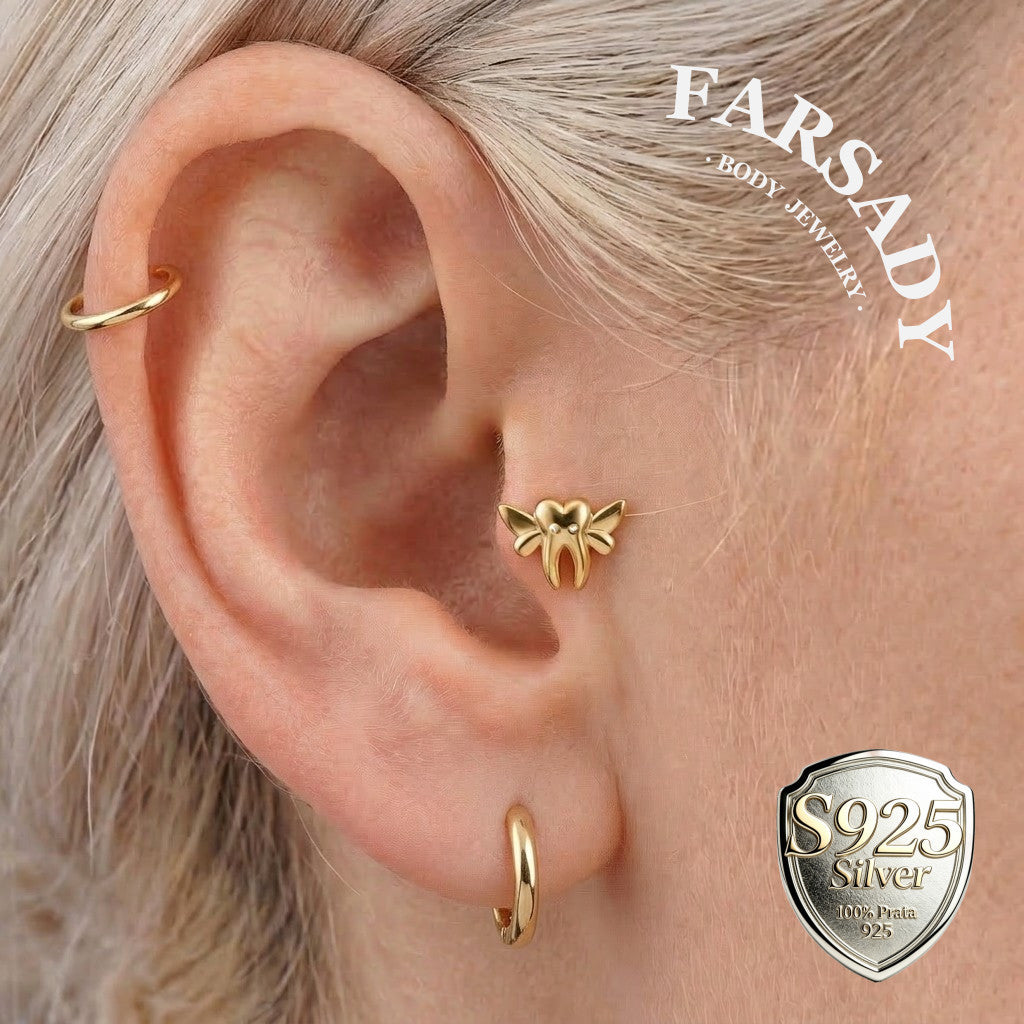 Tooth Wing - 925 Silver Threadless Stud / Fits Cartilage Helix Tragus Lobe Earring