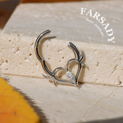 16G Thorn Heart CZ Clicker Daith Earring: Sterling Silver Plated 18K Gold, Alt Fashion Septum Ring, Sharp Spike Helix Tragus Hoop Jewelry