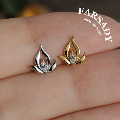 Mini Lotus Threadless Push In Helix Stud, Sterling Silver Cartilage Stud, Flat Back Titanium Post, Design Flower Tragus/ Lobe/ Lip Earring