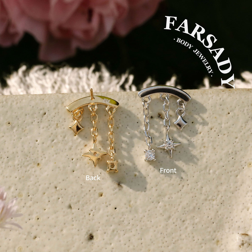 Designed for vertical helix piercings/ 925 Silver Helix Chain Earring 18K Plated/ Star Dangle Earring/ Threadless Push In Hidden Rook Stud