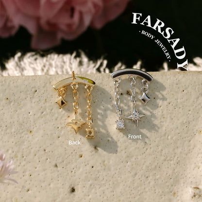 Designed for vertical helix piercings/ 925 Silver Helix Chain Earring 18K Plated/ Star Dangle Earring/ Threadless Push In Hidden Rook Stud