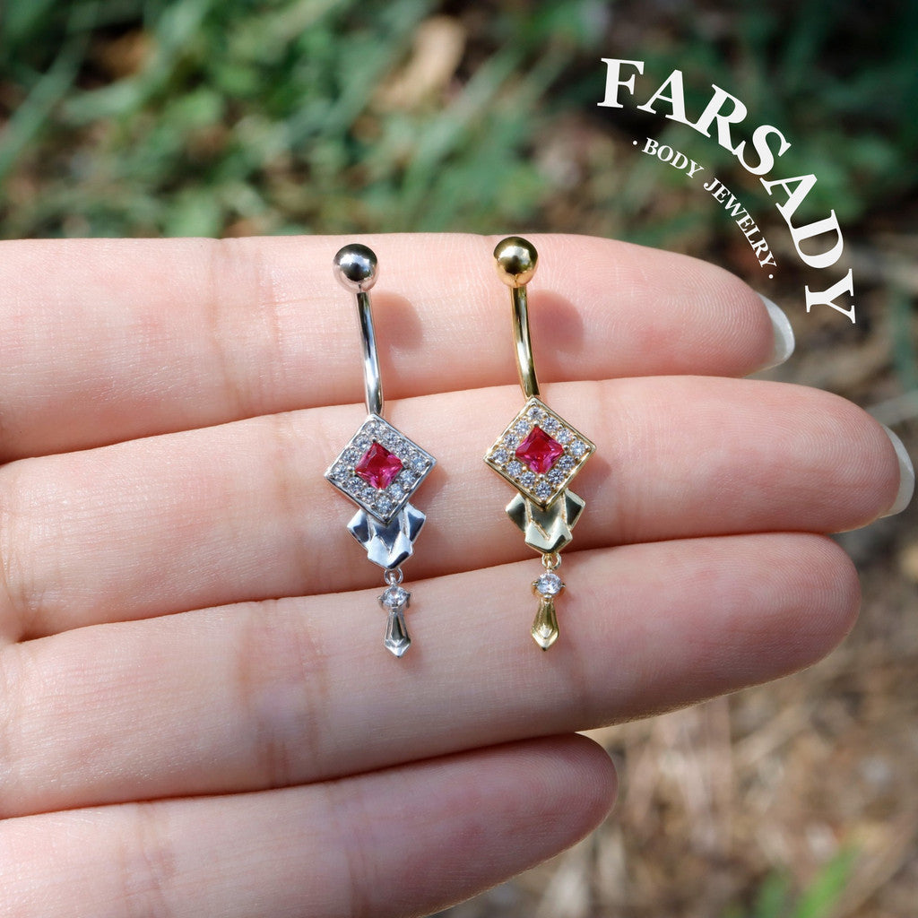 14G Belly Button Ring – 925 Silver 18K Gold Plated| Pink CZ Amulet Belly Ring Dangle Bar| Hypoallergenic Navel Piercing Jewelry| Waterproof