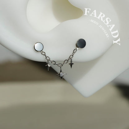 Star Dangle Earring Chain Sterling Silver/  Industrial Barbell Triple Stars Charm Chain/18K Gold Plated Helix Conch Lobe Nose Piercing Chain