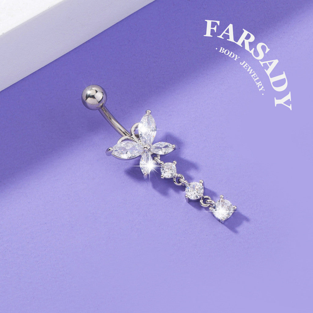 Butterfly Glimmer Trail - CZ Dangle Belly Button Ring / Fits 14G Navel Piercing