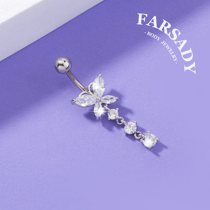 Butterfly Glimmer Trail - CZ Dangle Belly Button Ring / Fits 14G Navel Piercing
