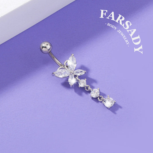 Butterfly Glimmer Trail - CZ Dangle Belly Button Ring / Fits 14G Navel Piercing