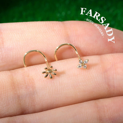 Daisy Duo - Solid 14K Gold Screw End Stud / Fit 20G Nostril Piercing