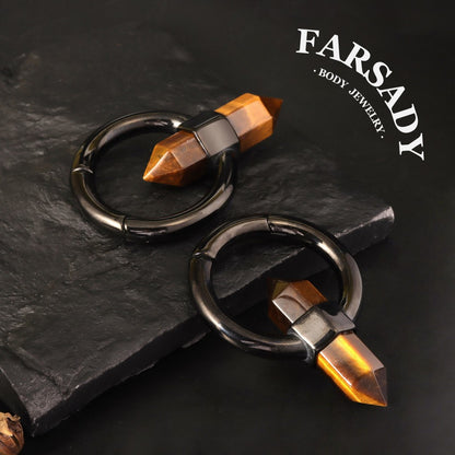 Pointed Tiger Eye - 316L Magnetic Hinged Ear Weights / Fits 3G 2G Stretched Ear Lobes Tunnels Plugs