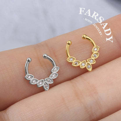 Curved Petal Radiance - 316L Fake Nose Ring C-Hoop Piercing / Fit Non-Pierced Septum Ring