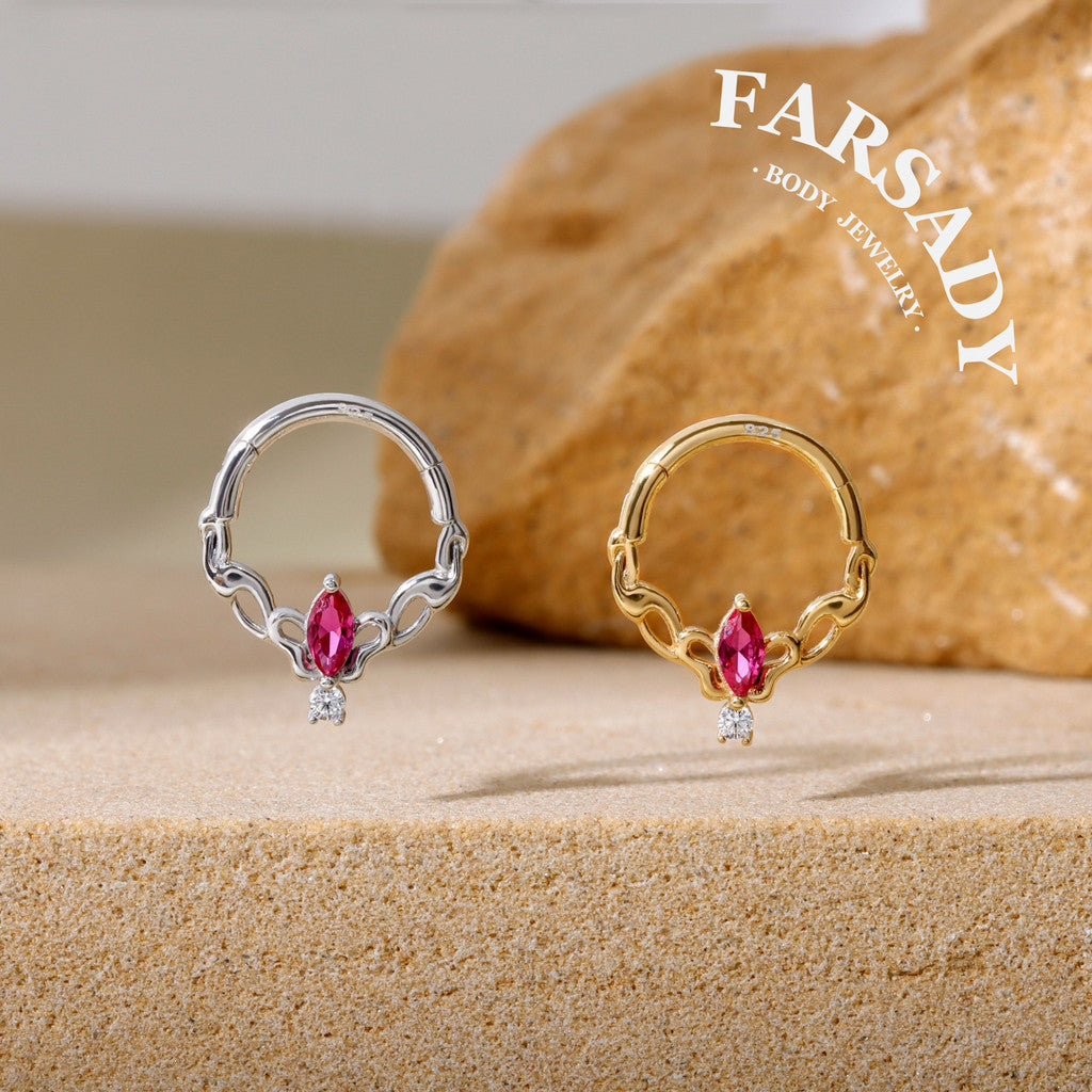 16G Sterling Silver Butterfly Hinged Daith Hoop Earring, Sterling Silver Daith Jewelry, Ruby Daith Hoop Earring, 8mm Cartilage Hoop, Gold Helix| Tragus Hoop