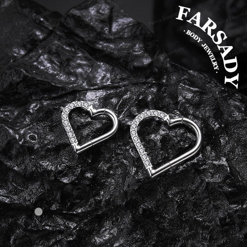16G Titanium Heart CZ Daith Earring, 8mm Silver Helix Hoop Earring, Gold Cartilage Ring Clicker, Hinged  Left Right Ear Piercing