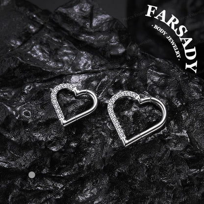 16G Titanium Heart CZ Daith Earring, 8mm Silver Helix Hoop Earring, Gold Cartilage Ring Clicker, Hinged  Left Right Ear Piercing