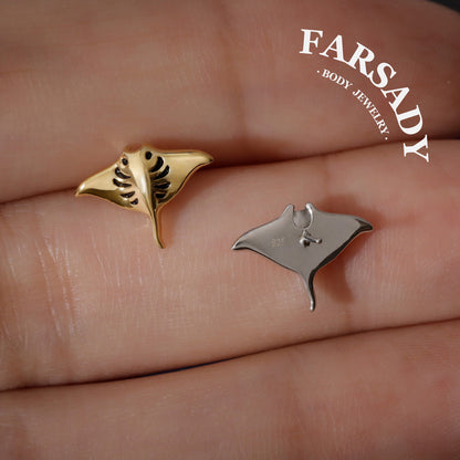 Manta Ray Cartilage Stud Earring /Threadless Push-In Flat Back /925 Sterling Silver or Plated Gold /Helix Tragus Conch Lobe Piercing Jewelry