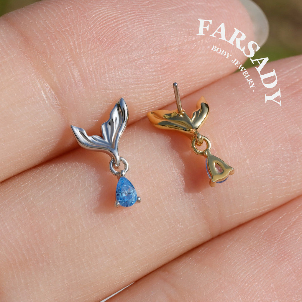 Mermaid Tail Flat Helix Dangle Stud: Blue Gem Tragus Helix Lobe Threadless Push In Cartilage Earring, 925 Silver Plated 18k Gold,Nickle-Free