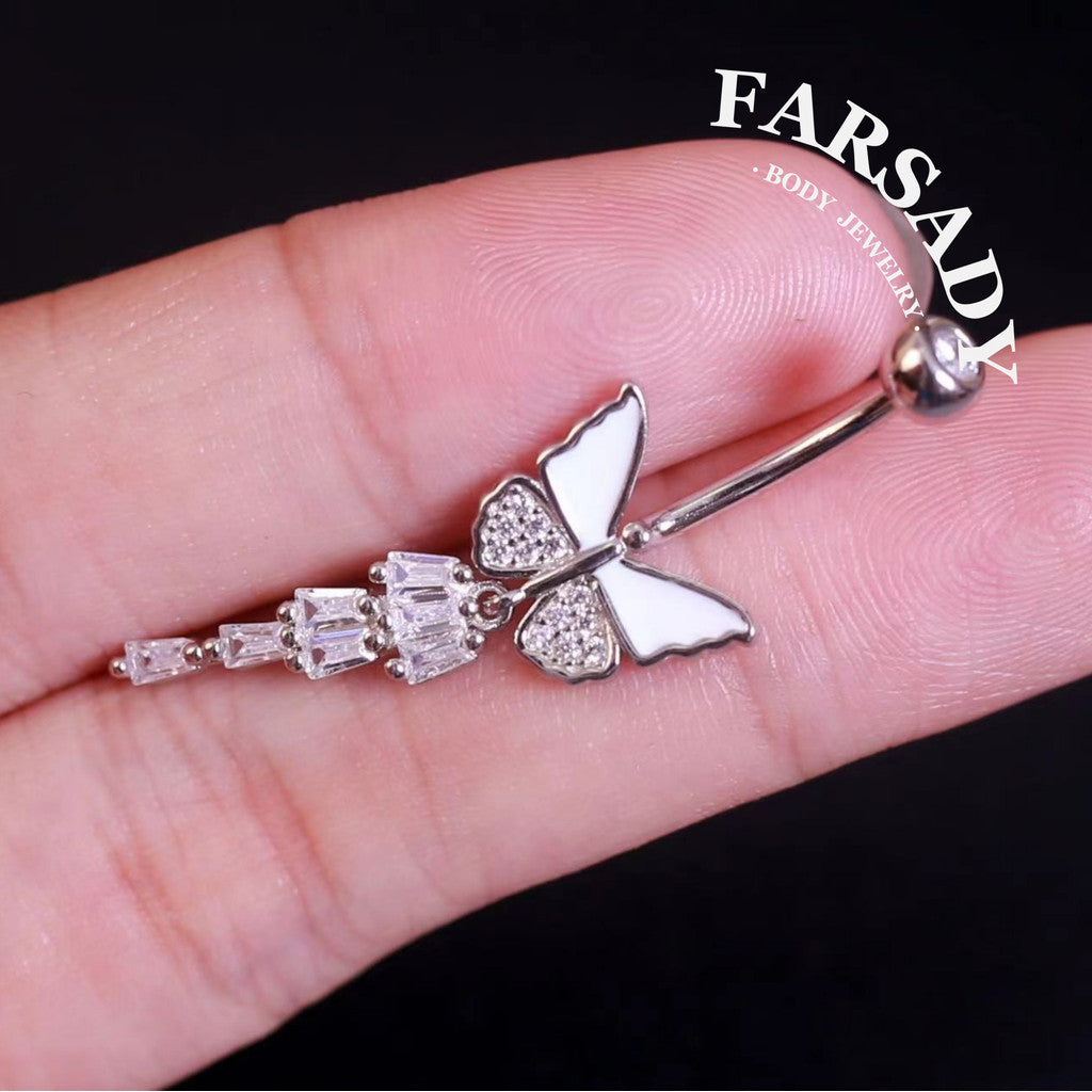 14G Sterling Silver White Butterfly Belly Button Ring | S925 Navel Piercing Jewelry | 5A Cubic Zirconia Dangle Navel Ring | Elegant Daily Wear Piercing Jewelry with Gift Box