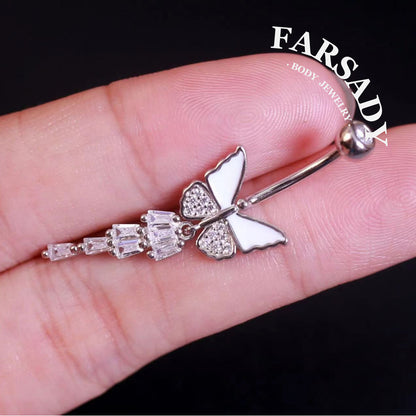 14G Sterling Silver White Butterfly Belly Button Ring | S925 Navel Piercing Jewelry | 5A Cubic Zirconia Dangle Navel Ring | Elegant Daily Wear Piercing Jewelry with Gift Box