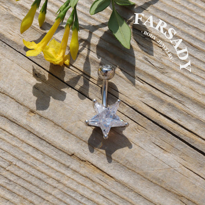 14G S925 Sterling Silver Star Clear CZ Belly Button Ring 6mm 8mm 10mm Navel Piercing Jewelry Easy Insert Non Healed Piercing Friendly Daily Wear Gift for Women