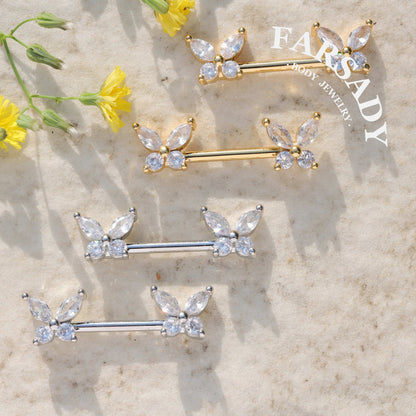 Crystal Butterfly - 2PCS Clear CZ Straight Barbell / Fits 16G Chest Piercing Nose Bridge