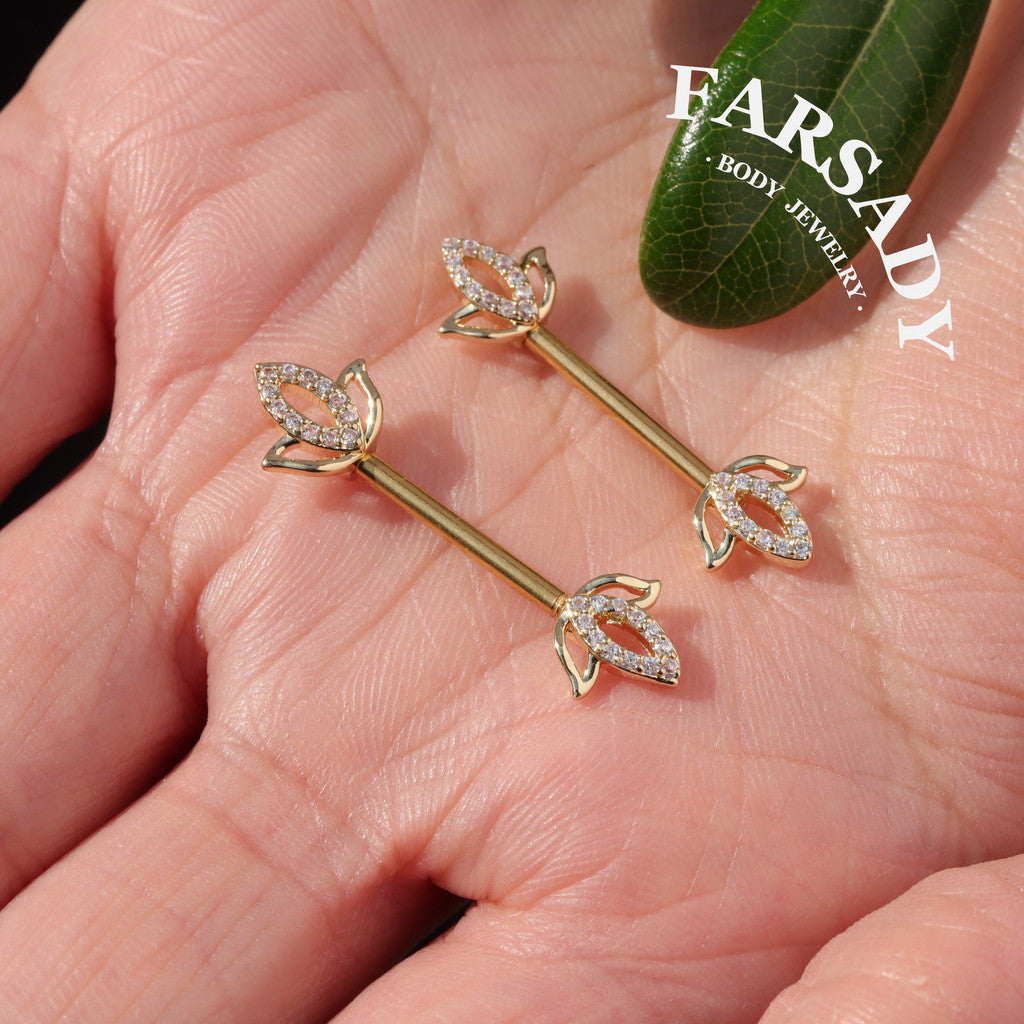 Hollow Lotus - 2PCS Clear CZ Straight Barbell / Fits 16G Chest Piercing Nose Bridge
