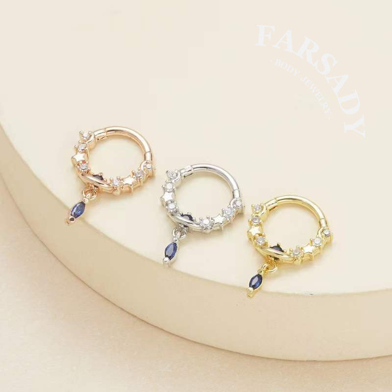Star Tear - CZ Dangle Hinged Clicker Hoop / Fits 16G Septum Ring Helix Conch Cartilage Earring