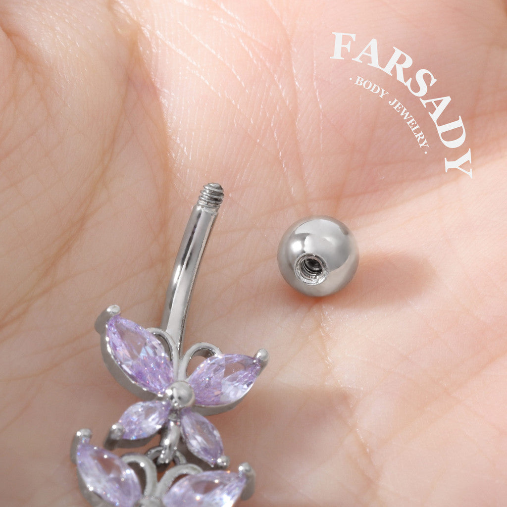 Lavender Butterfly Drift - 316L Purple CZ Belly Button Ring / Fits 14G Navel Piercing