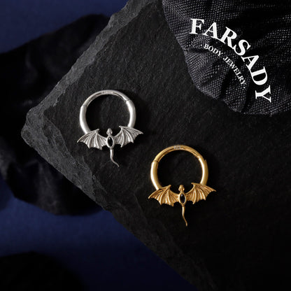 16G Flying Dragon Daith Hoop Earring S925 Sterling Silver Obsidian Inlaid Septum Clicker Original Design Gothic Halloween Helix Piercing Daily Wear Gift for Her