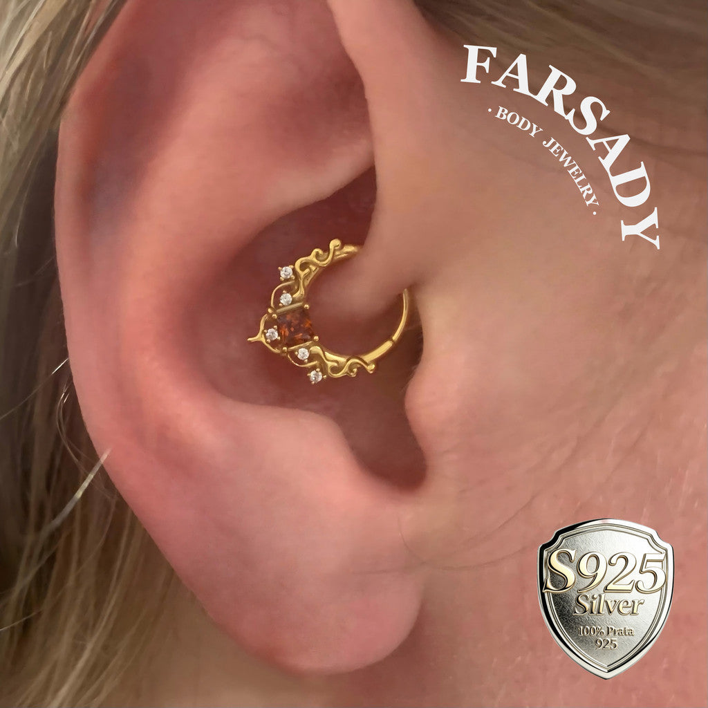 16G Red Gem Gothic Cathedral Daith Earring: 925 Silver Septum Ring Unique Design, Gold Helix Tragus Conch Lobe Clicker Hoop 18K Gold Plated