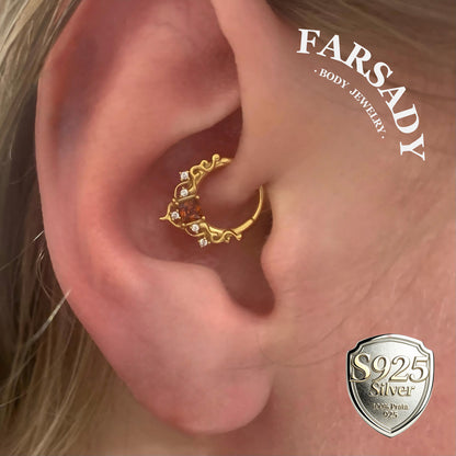 16G Red Gem Gothic Cathedral Daith Earring: 925 Silver Septum Ring Unique Design, Gold Helix Tragus Conch Lobe Clicker Hoop 18K Gold Plated
