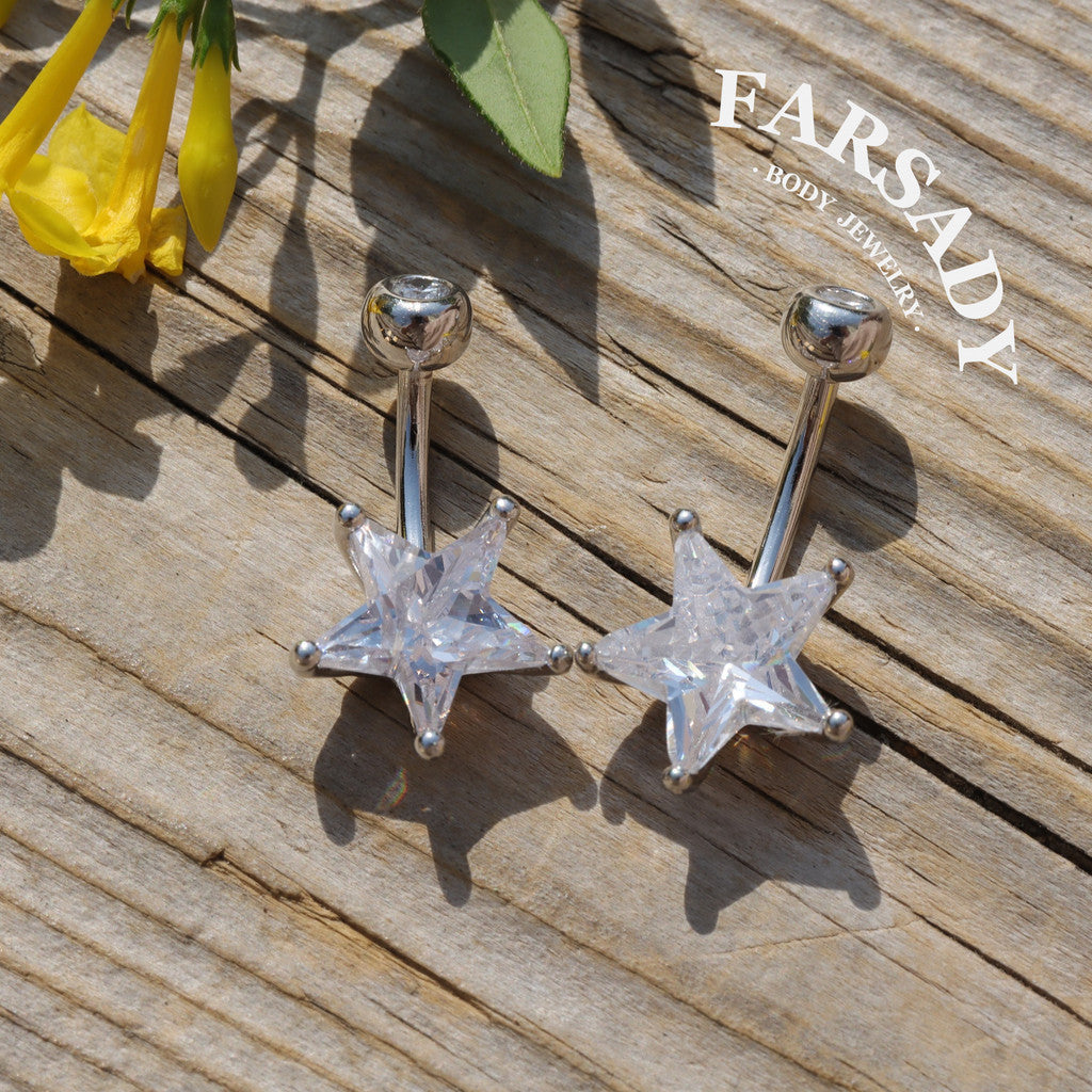 14G S925 Sterling Silver Star Clear CZ Belly Button Ring 6mm 8mm 10mm Navel Piercing Jewelry Easy Insert Non Healed Piercing Friendly Daily Wear Gift for Women