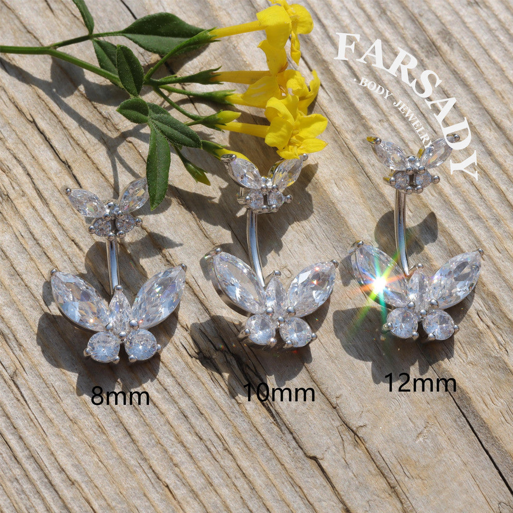 Twin Butterfly Echo - 925 Silver Clear CZ Belly Button Ring / Fits 14G Navel Piercing