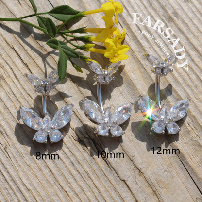 Twin Butterfly Echo - 925 Silver Clear CZ Belly Button Ring / Fits 14G Navel Piercing