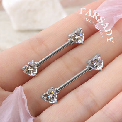 Prong Heart Crystal - 2PCS Clear CZ Straight Barbell / Fits 16G Chest Piercing Nose Bridge