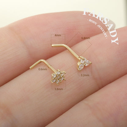 Snow Floret - Solid 14K Gold L-Shape Stud / Fit 20G Nostril Piercing
