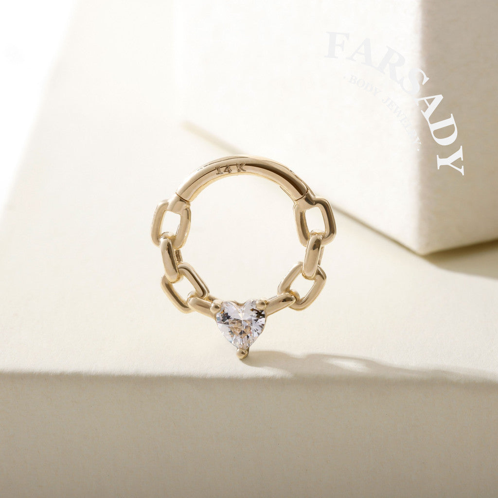 Chain Heartlock - Solid 14K Gold Hinged Clicker Hoop / Fits 16G Septum Ring Helix Conch Cartilage Earring