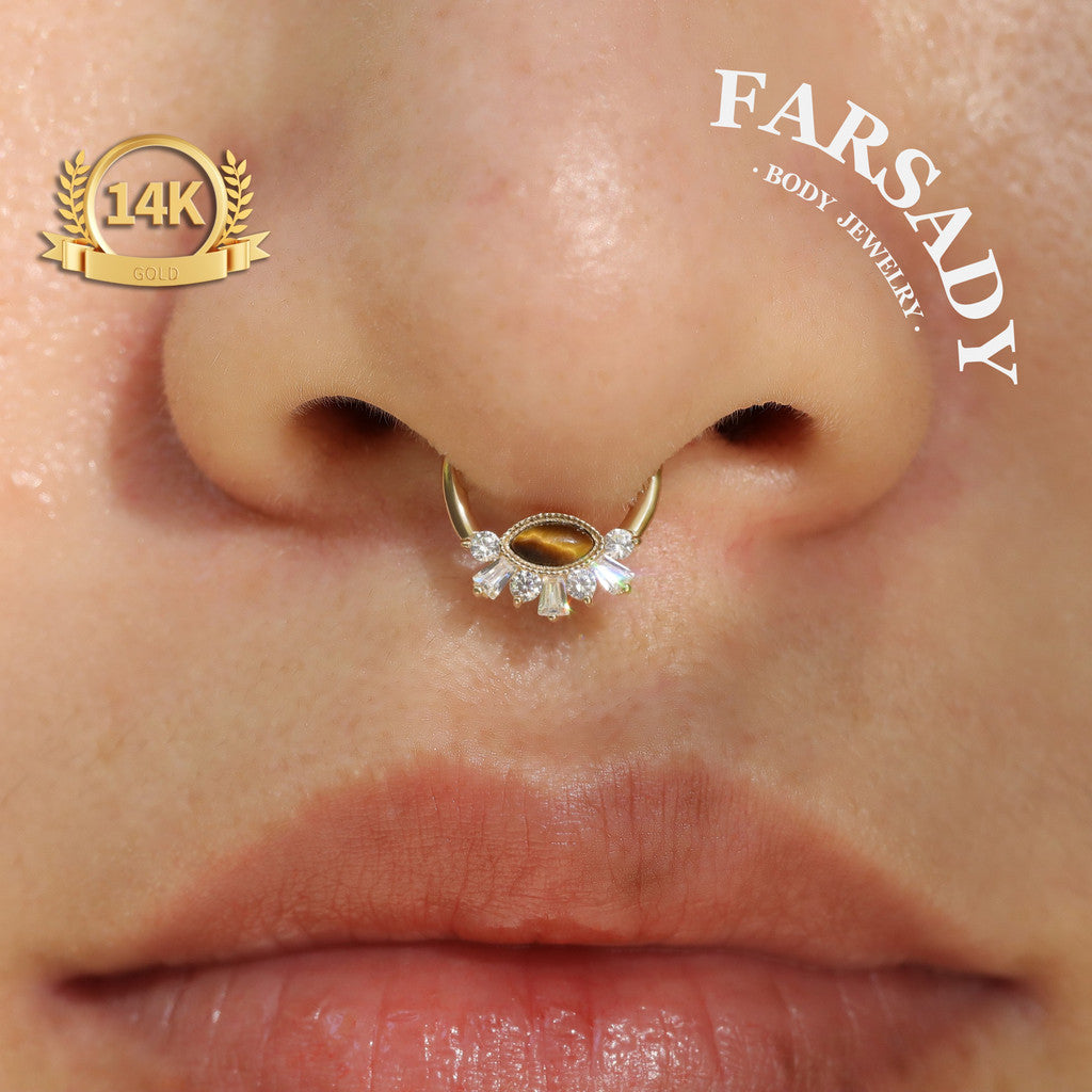 Tiger Eye Radiance - Solid 14K Gold Hinged Clicker Hoop / Fits 16G Septum Ring Helix Conch Cartilage Earring