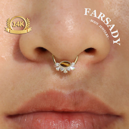 Tiger Eye Radiance - Solid 14K Gold Hinged Clicker Hoop / Fits 16G Septum Ring Helix Conch Cartilage Earring