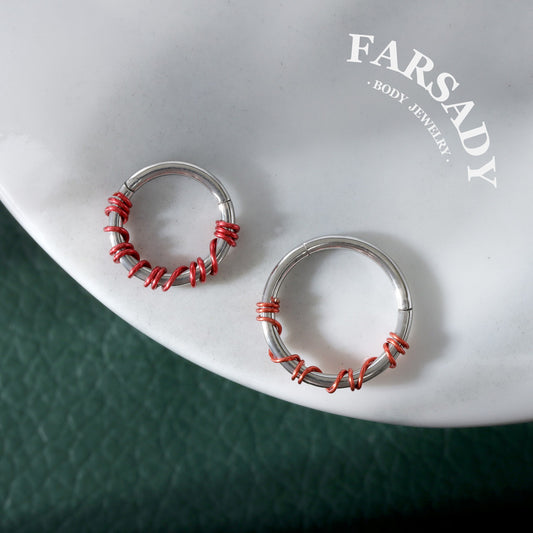Scarlet Coil - Red Wire Spike Hinged Clicker Hoop / Fits 16G Septum Ring Helix Conch Cartilage Earring