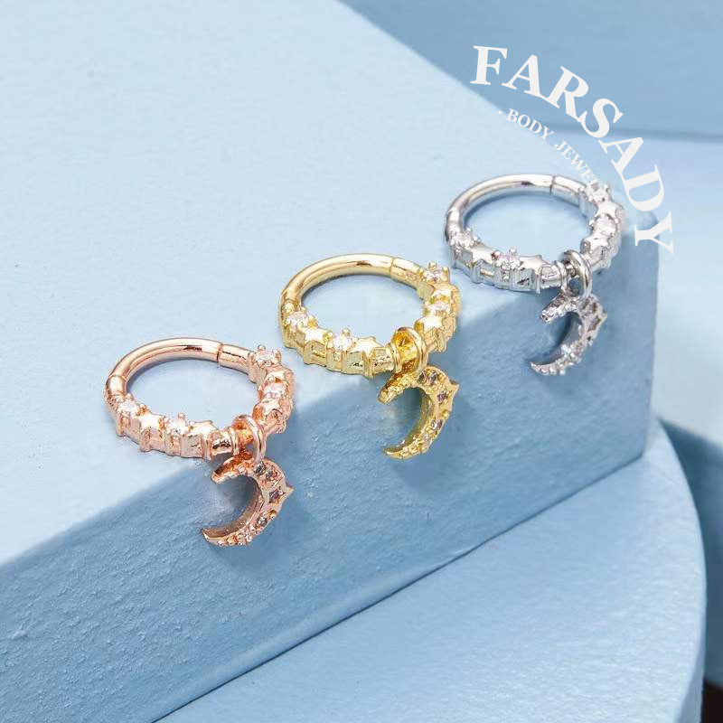 Moon Star - CZ Dangle Hinged Clicker Hoop / Fits 16G Septum Ring Helix Conch Cartilage Earring