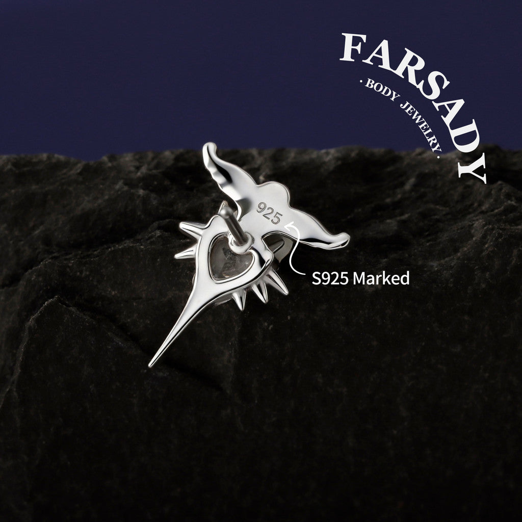 Winged Thorn - 925 Silver Threadless Stud / Fits Cartilage Helix Tragus Lobe Nostril Piercing