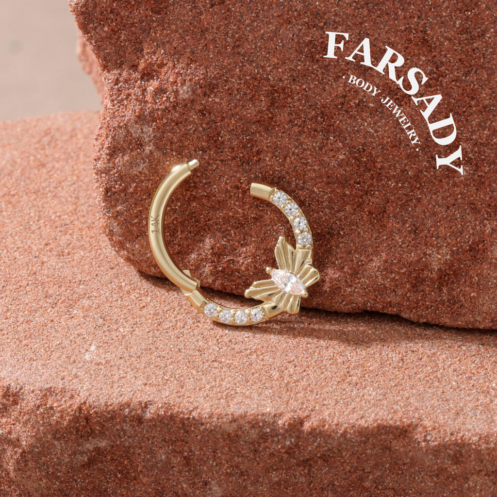 Butterfly Gleam - Solid 14K Gold Hinged Clicker Hoop / Fits 16G Septum Ring Helix Conch Cartilage Earring