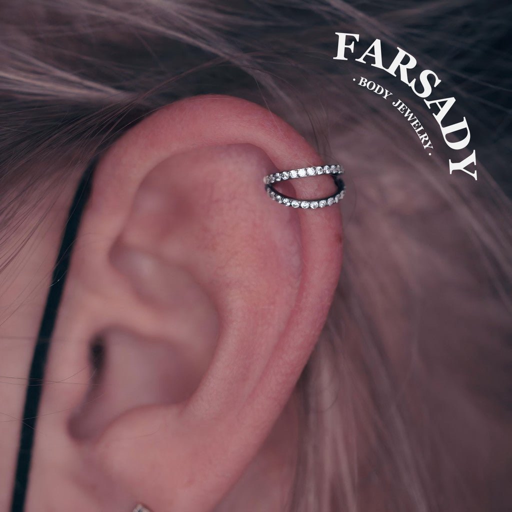 18G Titanium CZ Hinged Conch Earring Nose Hoop  | Double Line Shine Nostril Clicker | Stainless Steel Helix Eyebrow Piercing 1.0*8mm/10mm Silvery Golden Cartilage Ear Jewelry